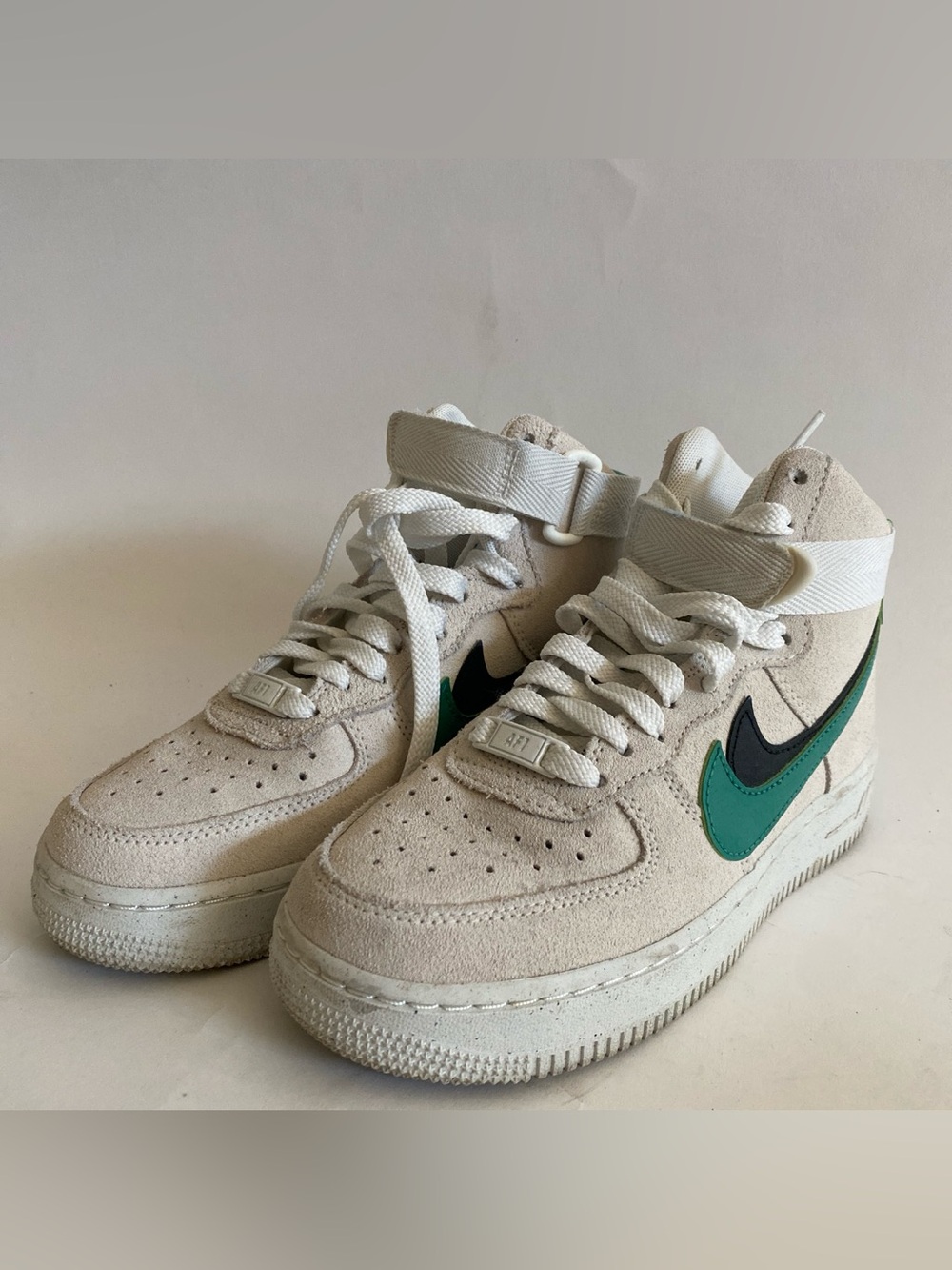 Nike High-Top Suede Sneakers in Beige with Green and Black Swoosh